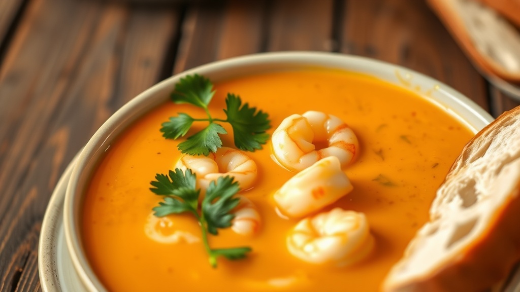Rich and Creamy Shrimp Bisque Recipe A bowl of rich shrimp bisque, garnished with parsley, next to a slice of bread on a rustic table.